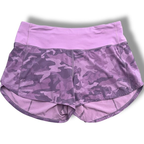 lululemon Purple Camo Print Lined Run Speed Athletic Shorts Size 6 LW7AVMT - Picture 1 of 6